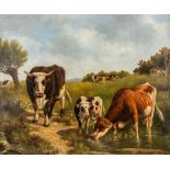 Nicolaas VAN BAARLE (1894-1962) 'Drinking Cattle' oil on canvas. (W:74 x H:62 cm)