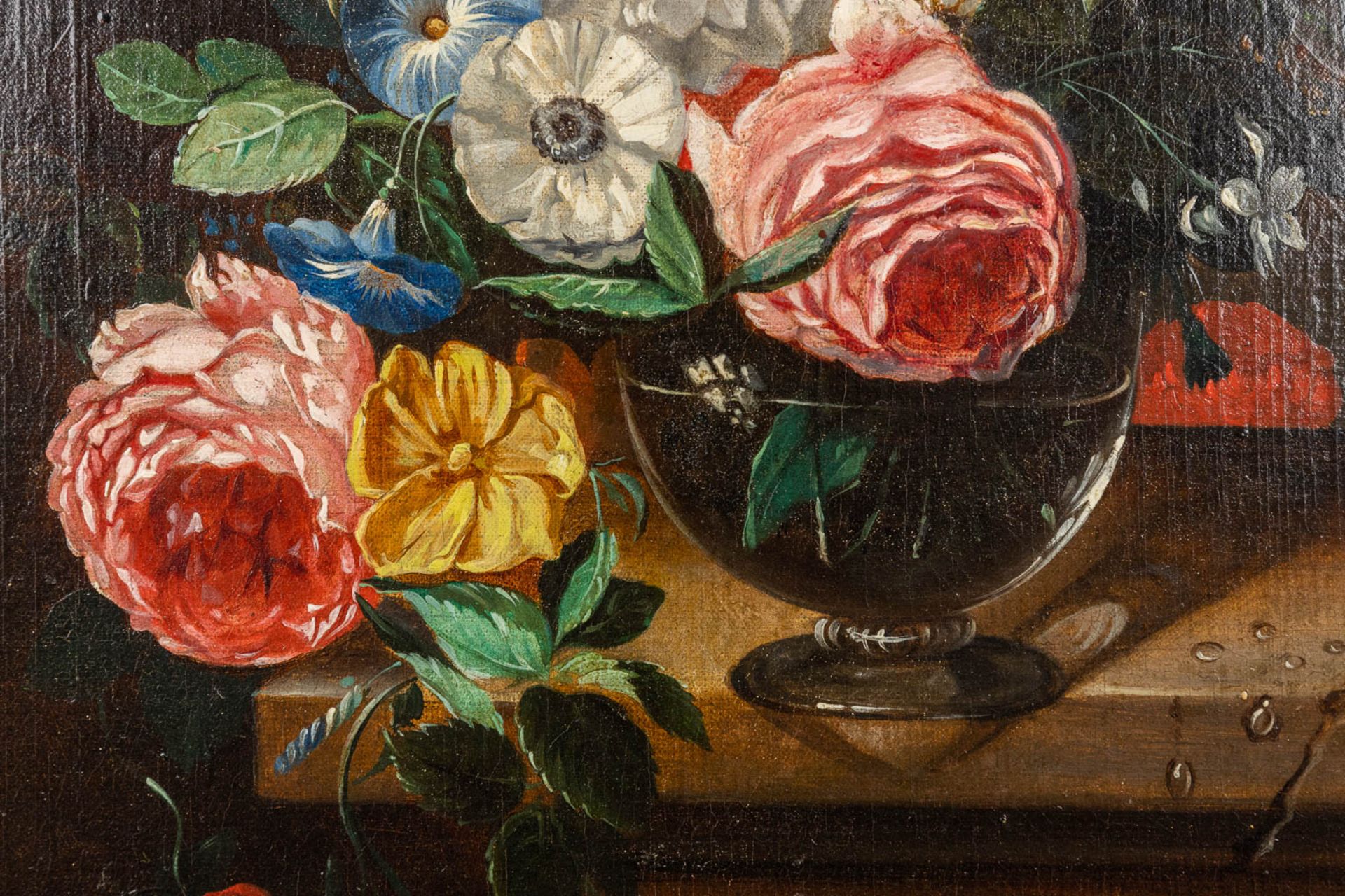 A flower still life painting, oil on canvas. 19th C. (W:44,5 x H:56 cm) - Image 6 of 7