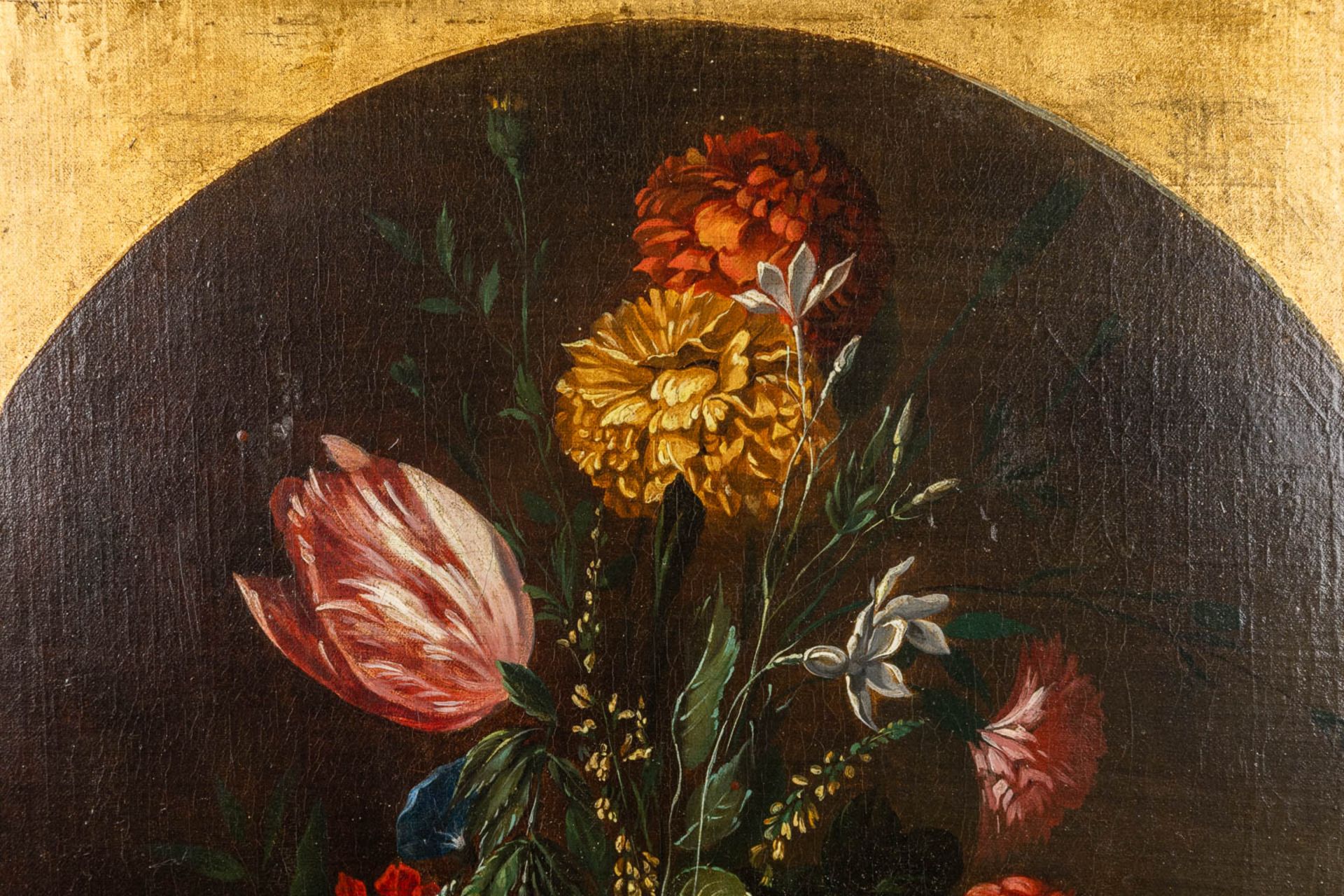 A flower still life painting, oil on canvas. 19th C. (W:44,5 x H:56 cm) - Image 4 of 7
