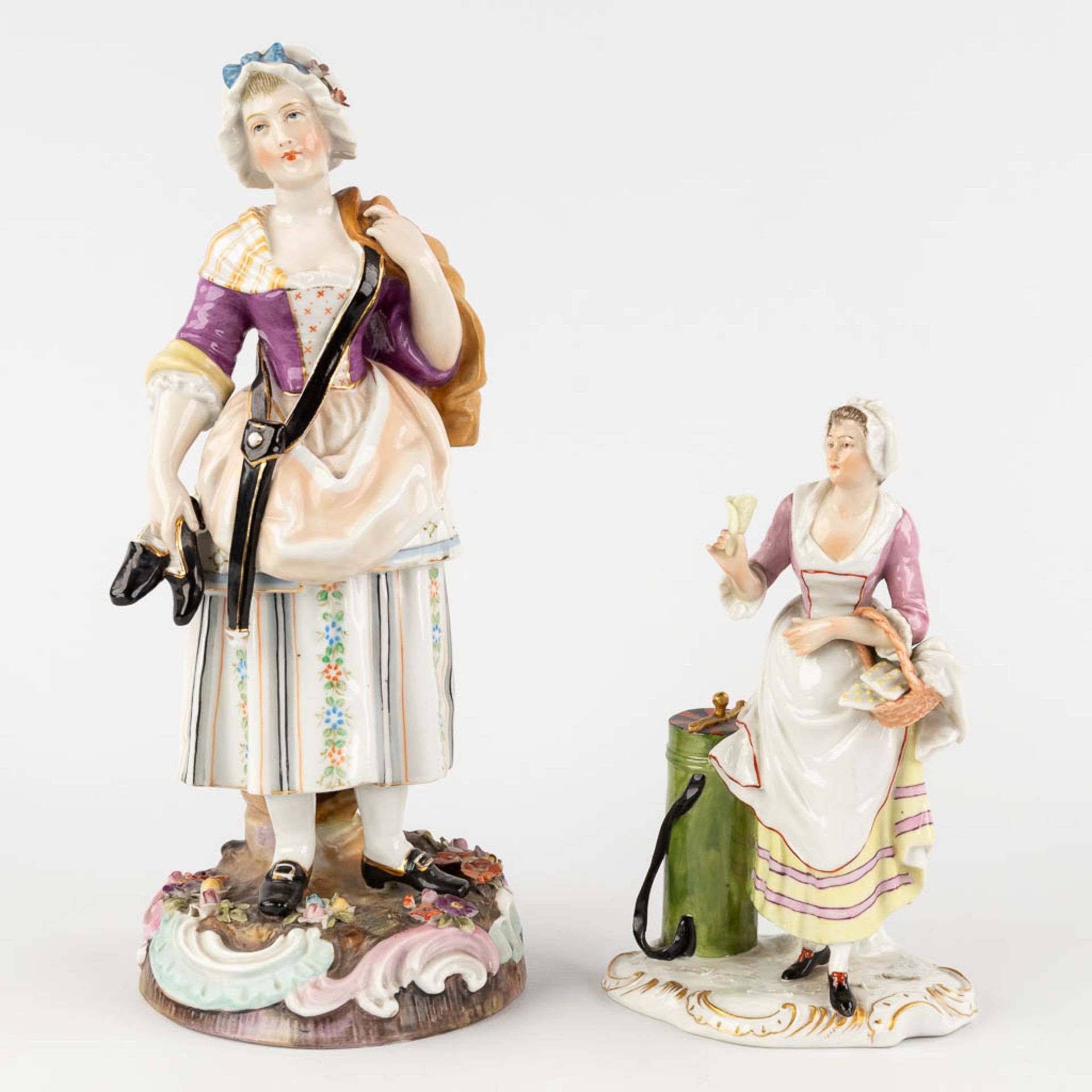 Milan and Ludwigsburg, 2 polychrome porcelain figurines. 19th C. (D:11 x W:12 x H:27 cm)