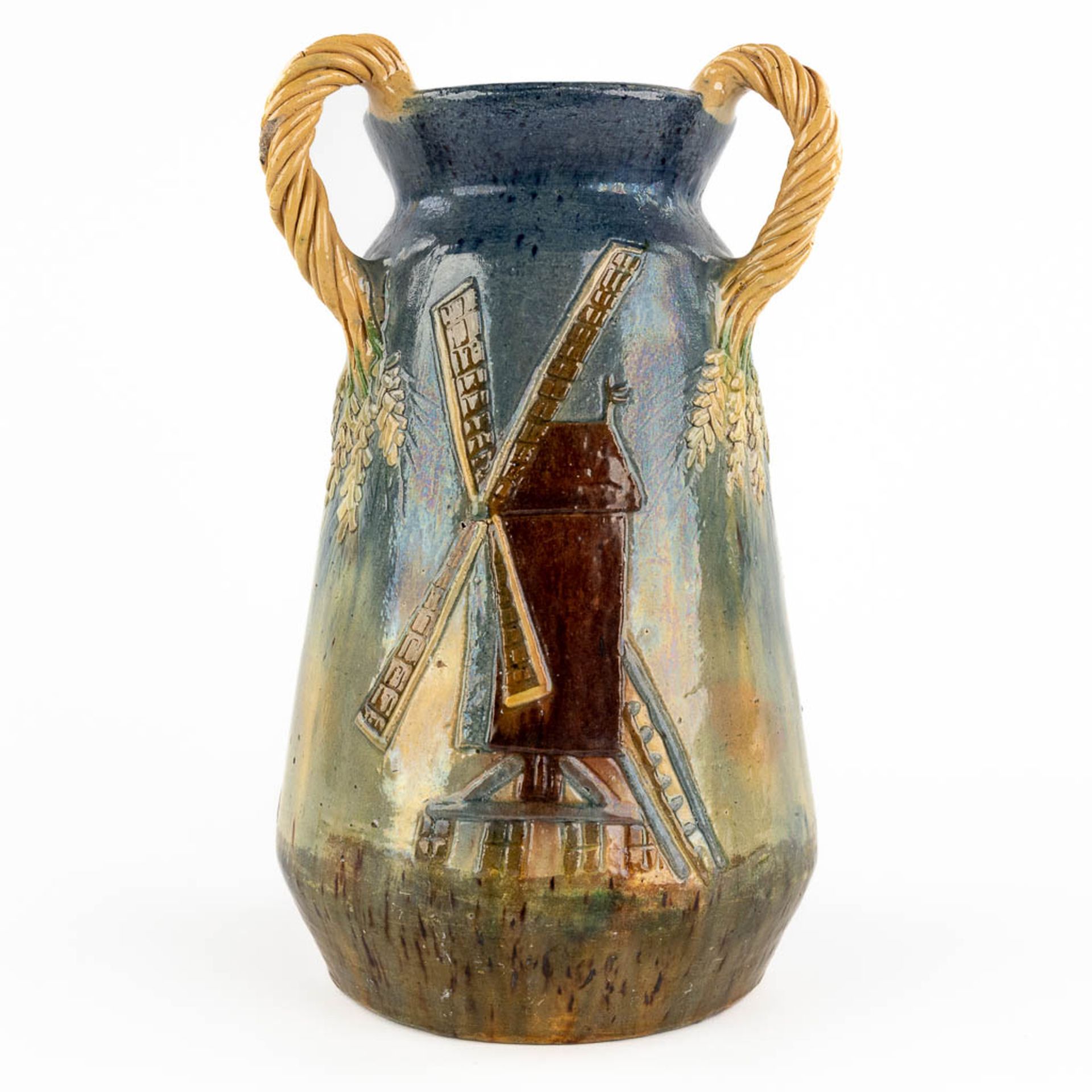 A vase, Flemish Earthenware, decorated with a windmill, Torhout. (H:31 x D:18 cm) - Bild 4 aus 12