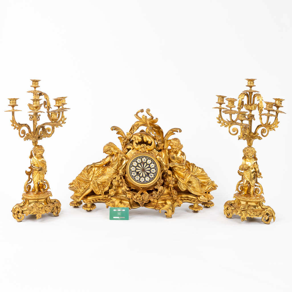 A fine three-piece mantle garniture, gilt bronze, reclined lady, man and candelabra with putti, 19th - Image 2 of 18