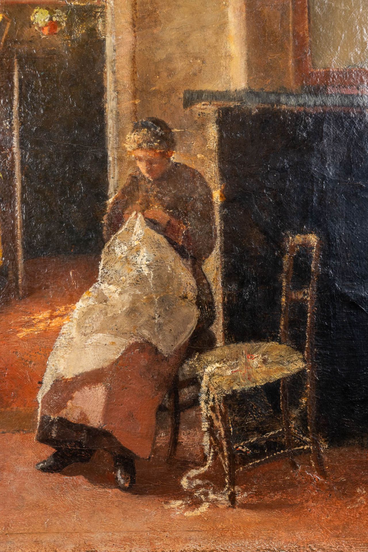 A painting, lady in an interior, oil on canvas. 19th C. (D:45 x W:37 cm) - Bild 6 aus 8