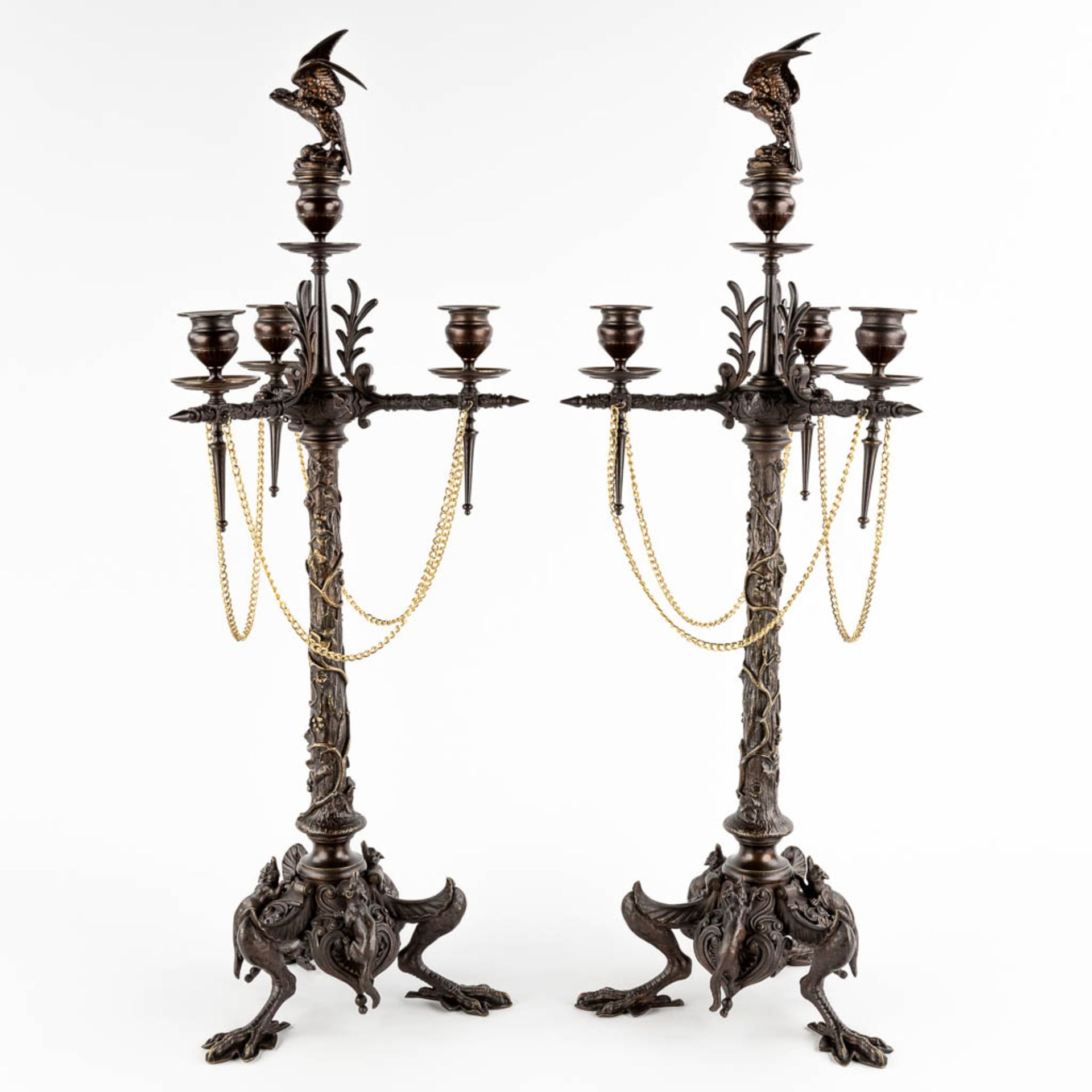 Jules MOIGNIEZ (1835-1894) 'Candelabra with birds and foxes' patinated bronze. (H:72 x D:24 cm)