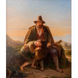 Joseph MEGANCK (1807-1891) 'Father and child in a mountain landscape' oil on panel. 1844 (W:22,5 x H