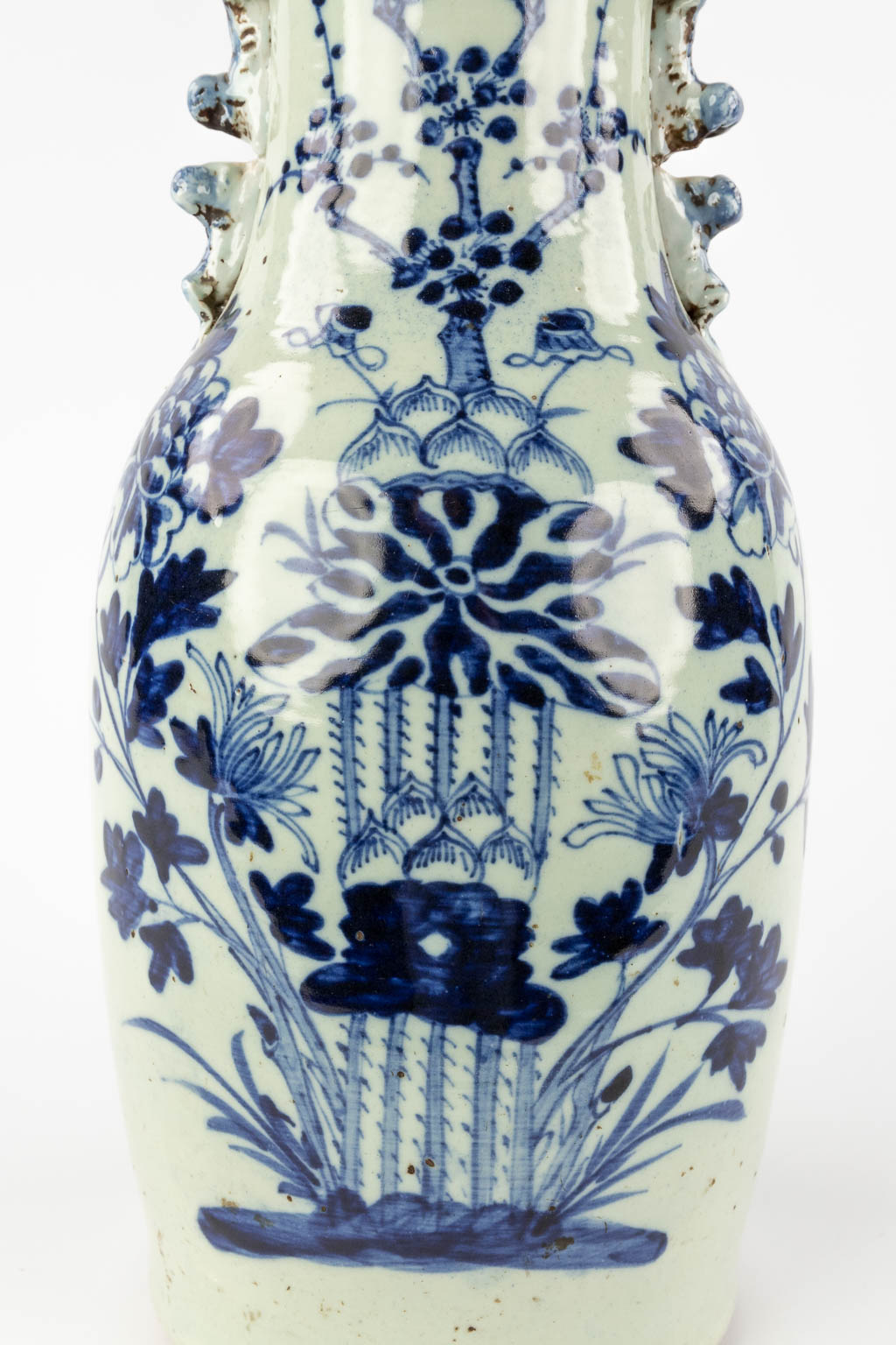 Three Chinese vases with a blue-white decor and Celadon. 19th/20th C. (H:43 x D:19 cm) - Image 18 of 18
