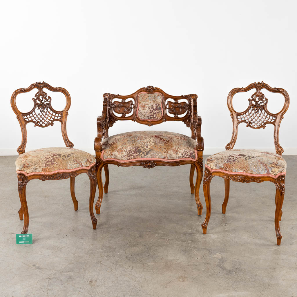 An antique 3-piece salon suite, sculptured wood in Louis XV style. Circa 1900. (D:50 x W:70 x H:79 c - Image 2 of 18