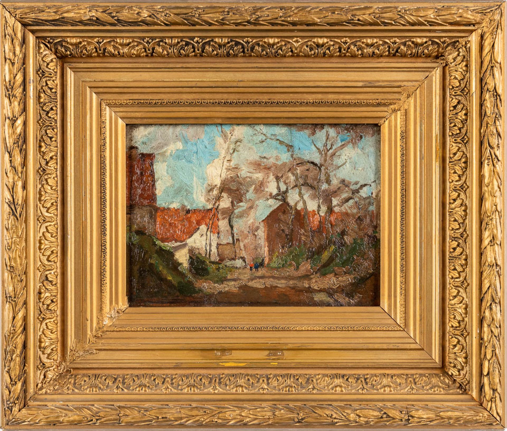 An antique painting 'Village in the spring' oil on panel. 19th C. (W:26 x H:20 cm) - Image 3 of 5