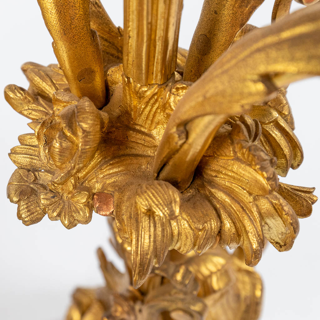 A fine three-piece mantle garniture, gilt bronze, reclined lady, man and candelabra with putti, 19th - Image 14 of 18