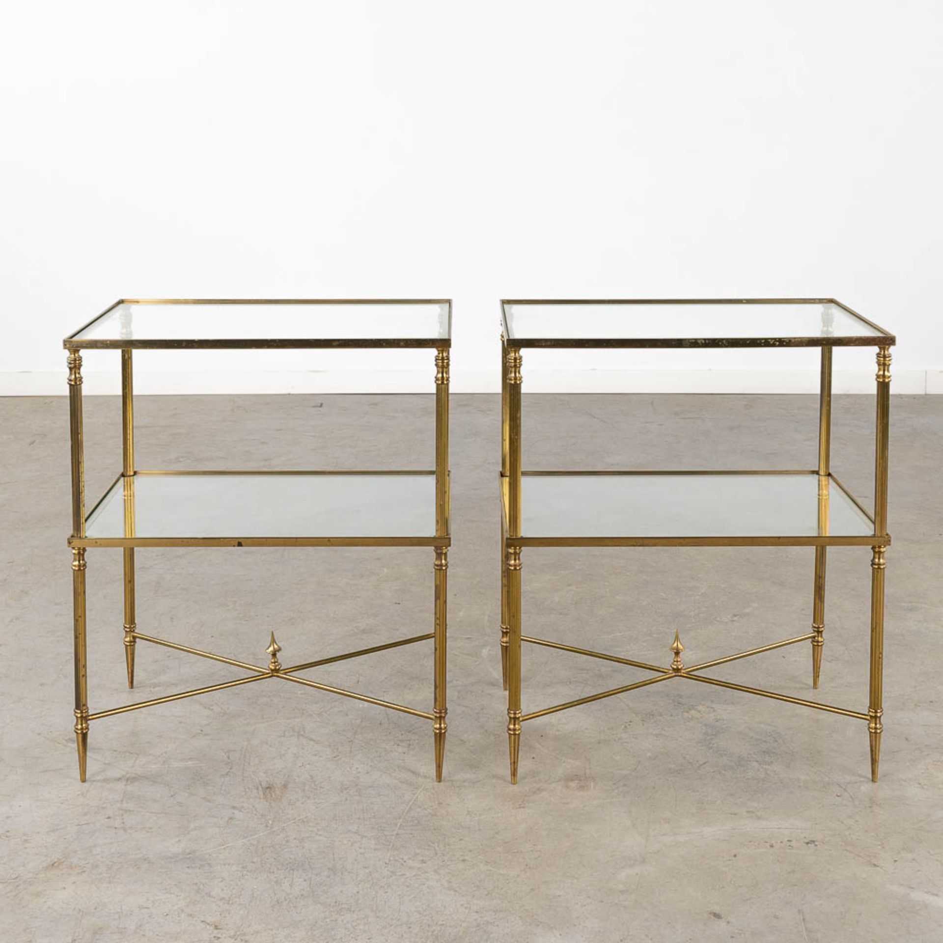 A pair of two-tier side tables, brass and glass in the style of Maison Jansen. (D:35 x W:50 x H:60 c - Image 3 of 10