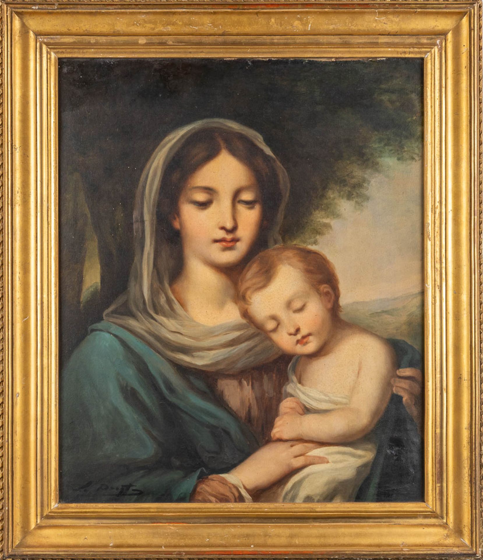 A painting 'Mother and child' oil on canvas. 19de eeuw. (W:54 x H:65 cm) - Image 3 of 9