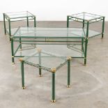 4 matching coffee and side tables, lacquered metal and glass, circa 1980. (D:58 x W:118 x H:46 cm)