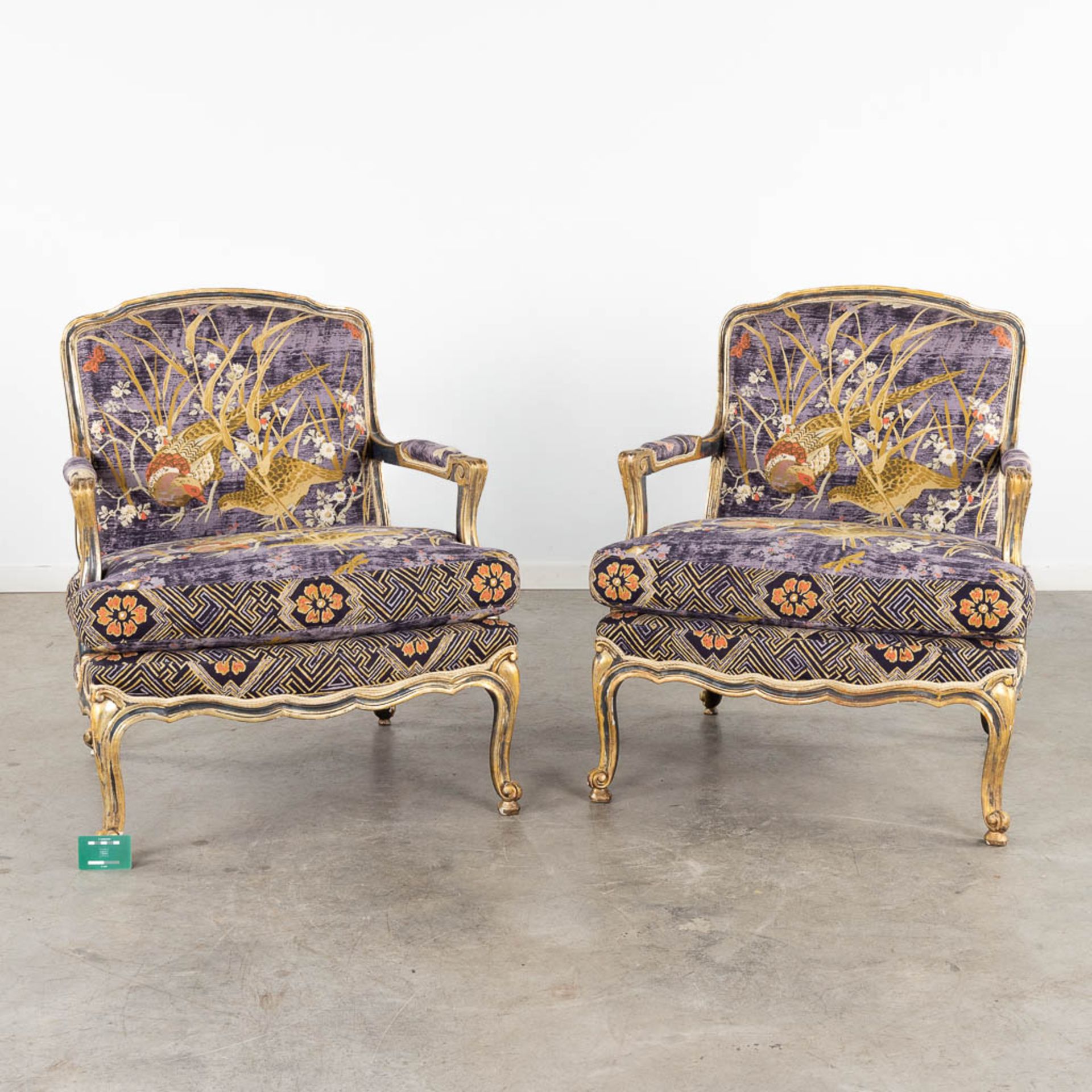 A pair of patinated Louis XV-style armchairs, fabric decorated with pheasants. (D:75 x W:75 x H:88 c - Image 2 of 15