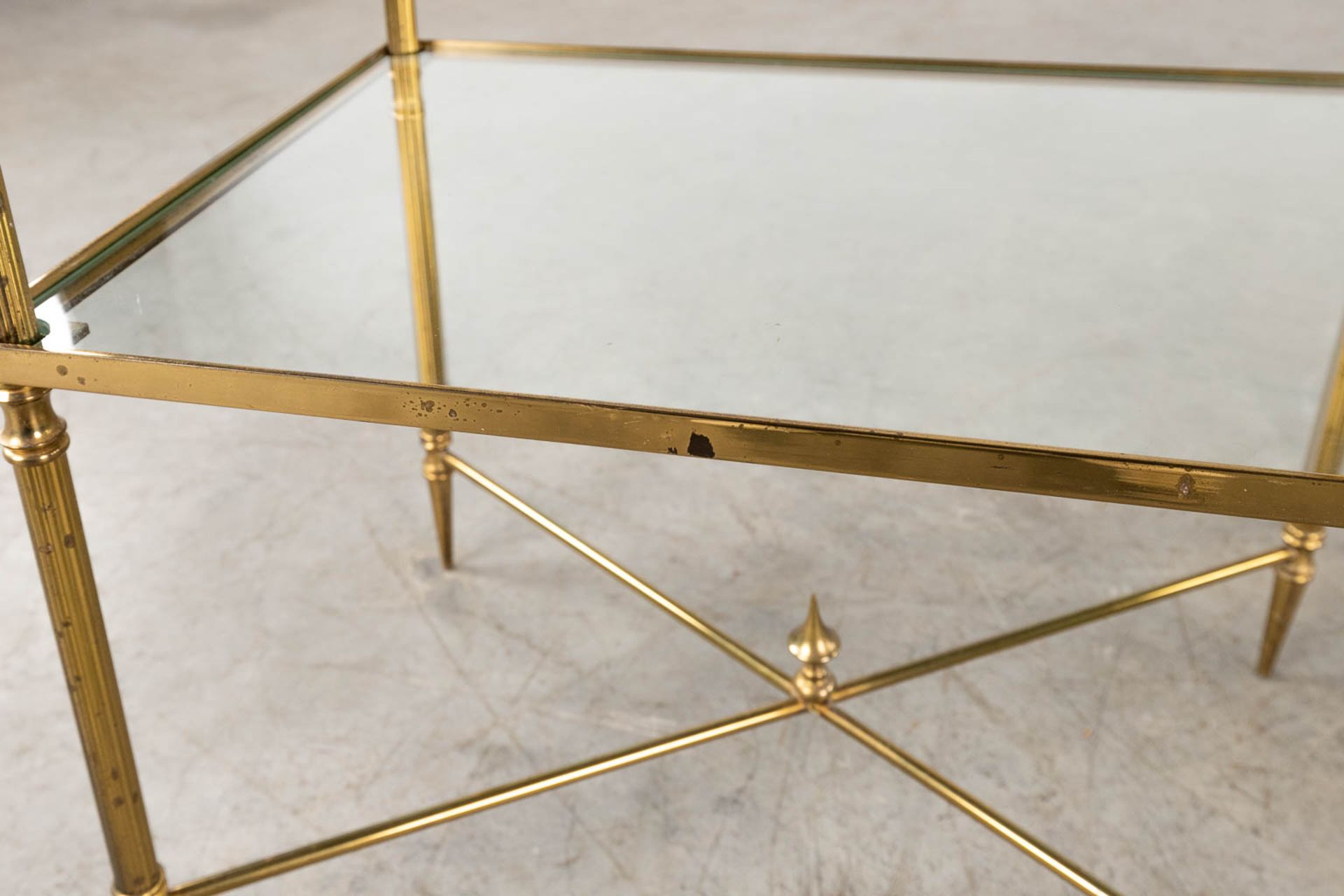 A pair of two-tier side tables, brass and glass in the style of Maison Jansen. (D:35 x W:50 x H:60 c - Image 7 of 10