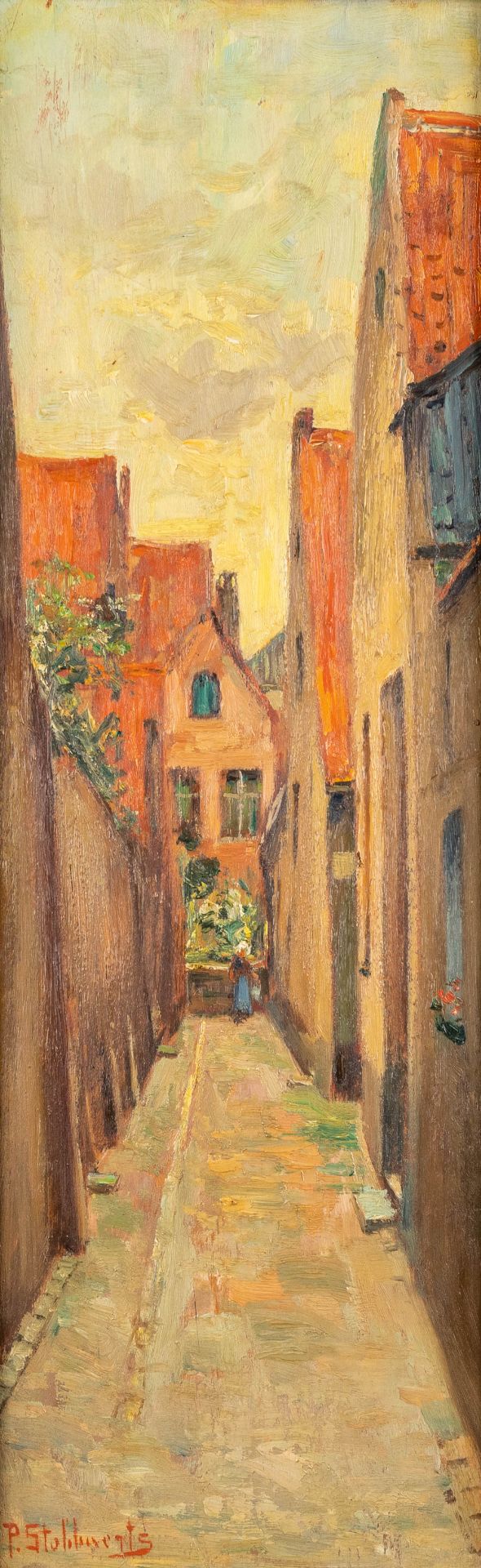 Pieter STOBBAERTS (1865-1948) 'Vette Vispoort, Brugge' oil on board. (W:18 x H:56 cm)