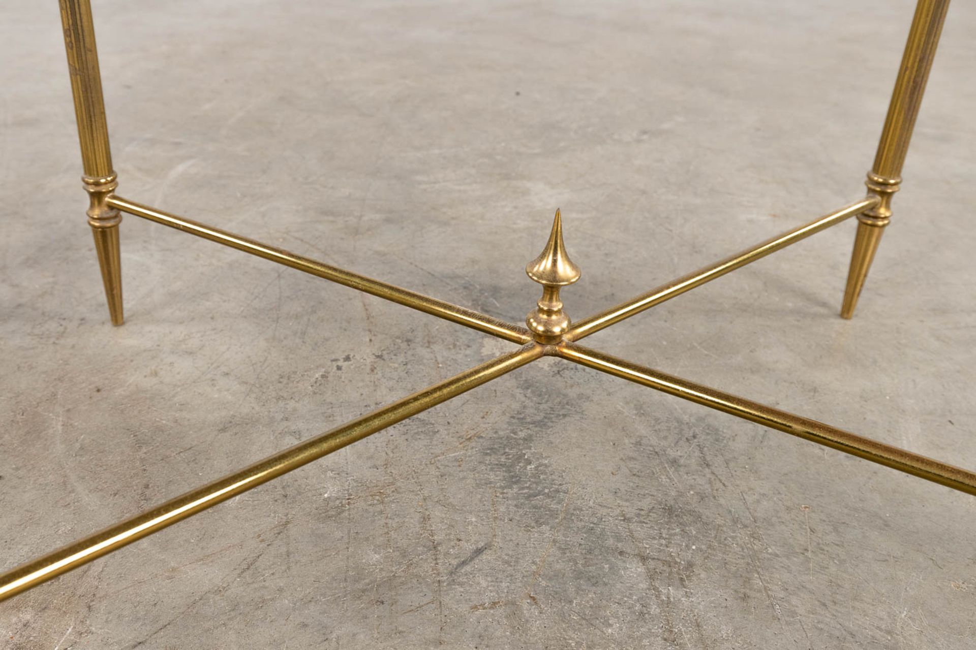 A pair of two-tier side tables, brass and glass in the style of Maison Jansen. (D:35 x W:50 x H:60 c - Image 9 of 10