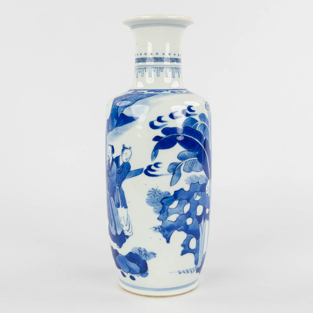 A Chinese vase decorated with blue-white figurines, 18th/19th C. (D:10,5 x W:10,5 x H:26 cm) - Image 6 of 12
