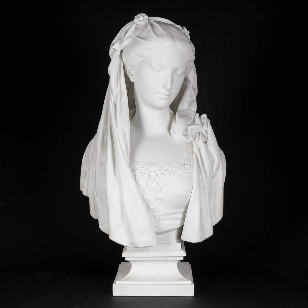 CARRIER-BELLEUSE (1824-1887) 'Bust of a lady' bisque porcelain. (D:23 x W:37 x H:66 cm)