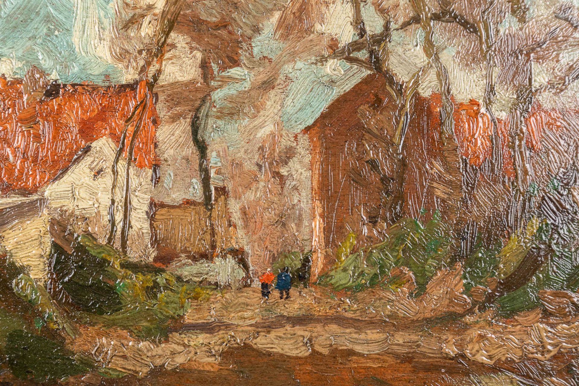 An antique painting 'Village in the spring' oil on panel. 19th C. (W:26 x H:20 cm) - Image 4 of 5