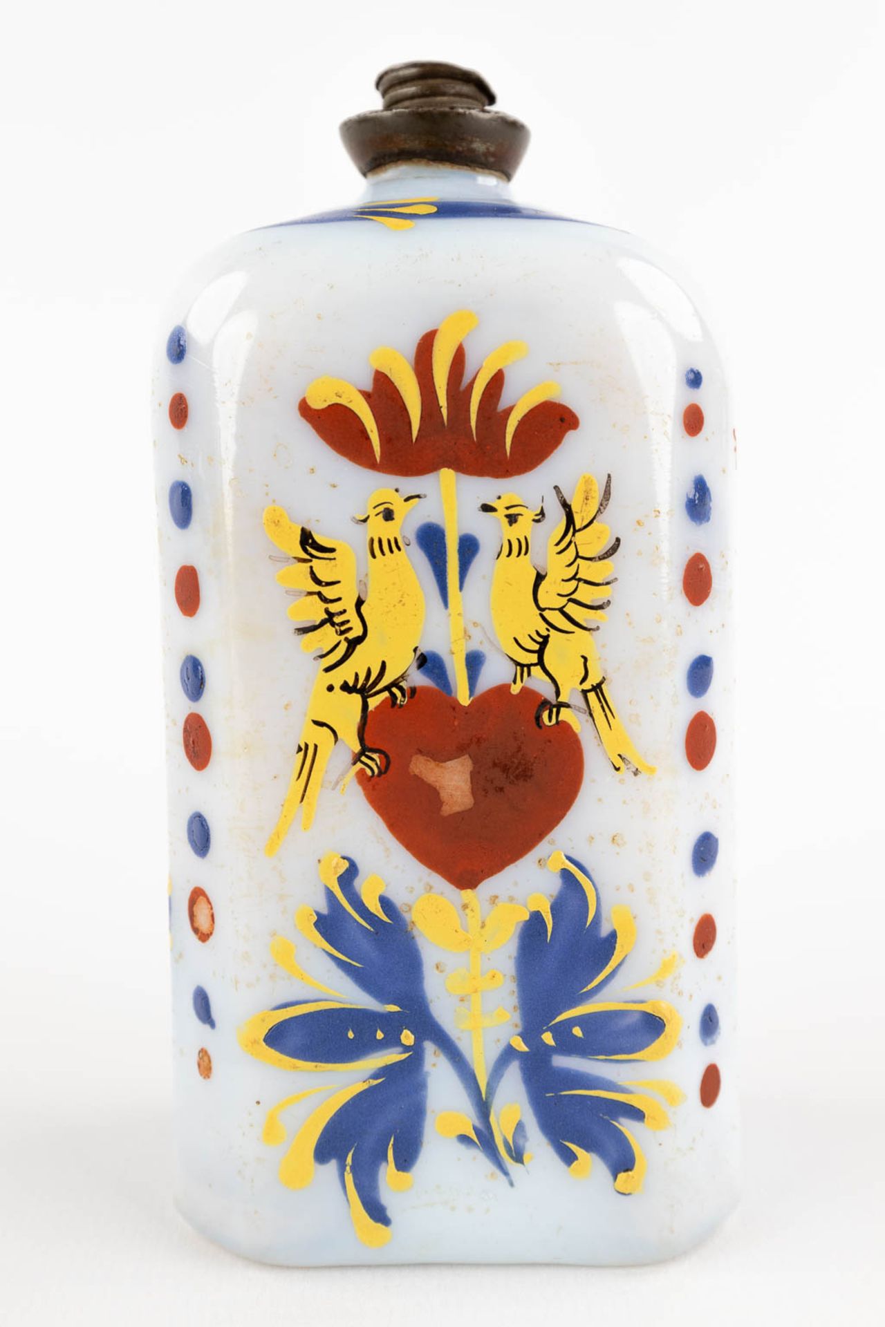 Two antique enamel hand-painted glass bottles, 17th/18th C. (H:13 cm) - Image 9 of 13