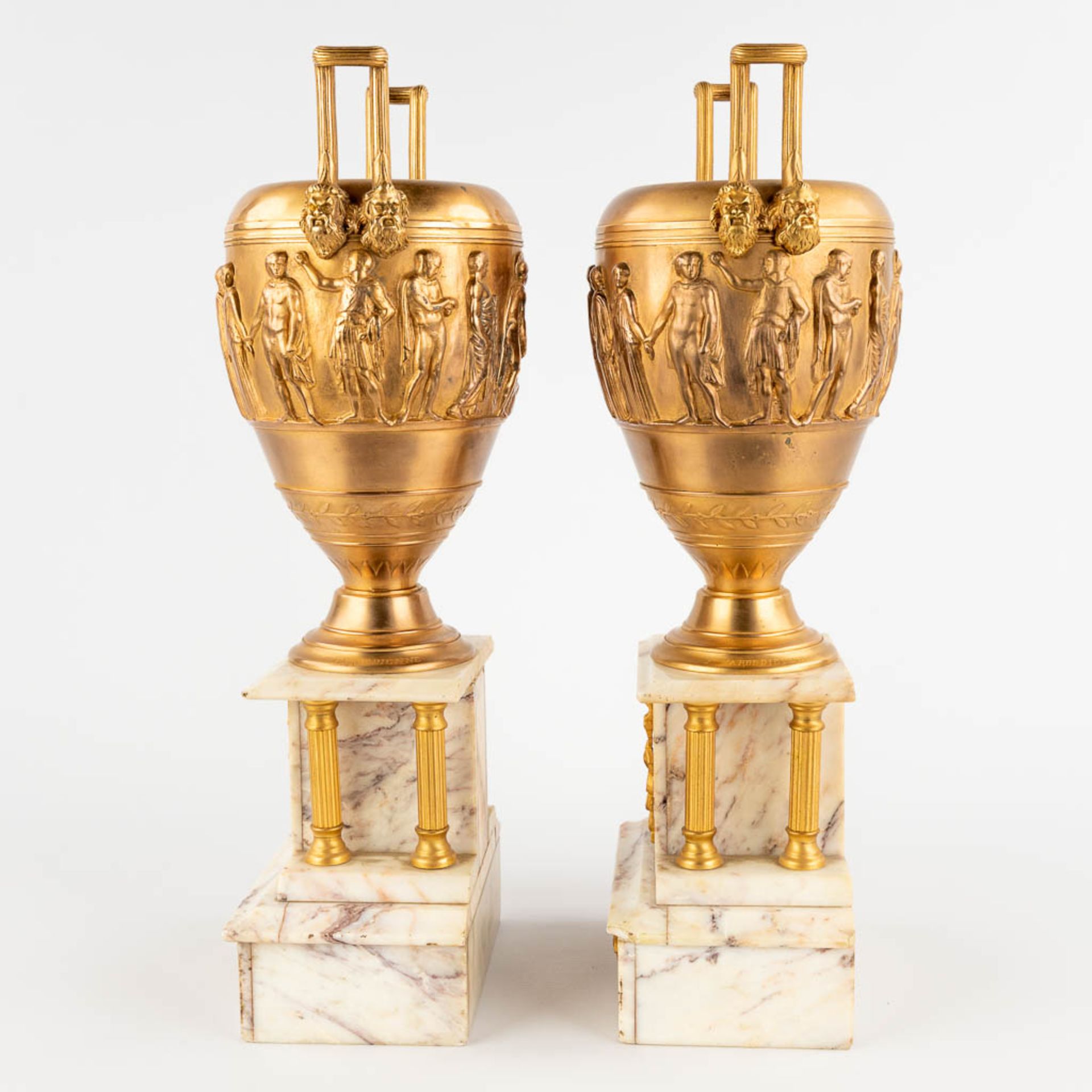 Ferdinand BARBEDIENNE (1810-1892) 'Neoclassical Cassolettes' gilt bronze on marble. (D:12 x W:18 x H - Image 6 of 18