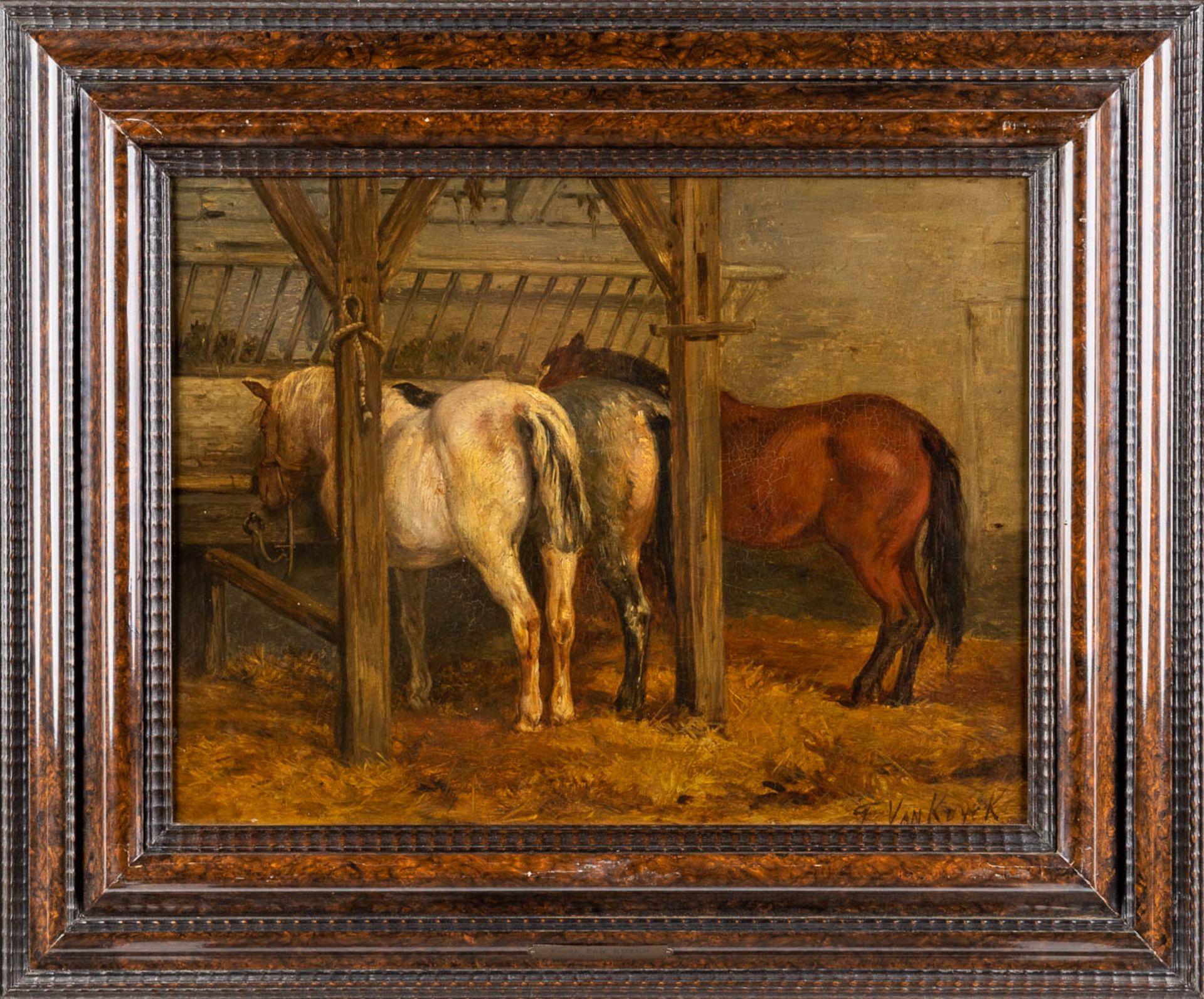 Frans Pieter VAN KUYCK (1852-1915) 'Horses in the stable' oil on panel. (W:50 x H:39 cm) - Image 3 of 6