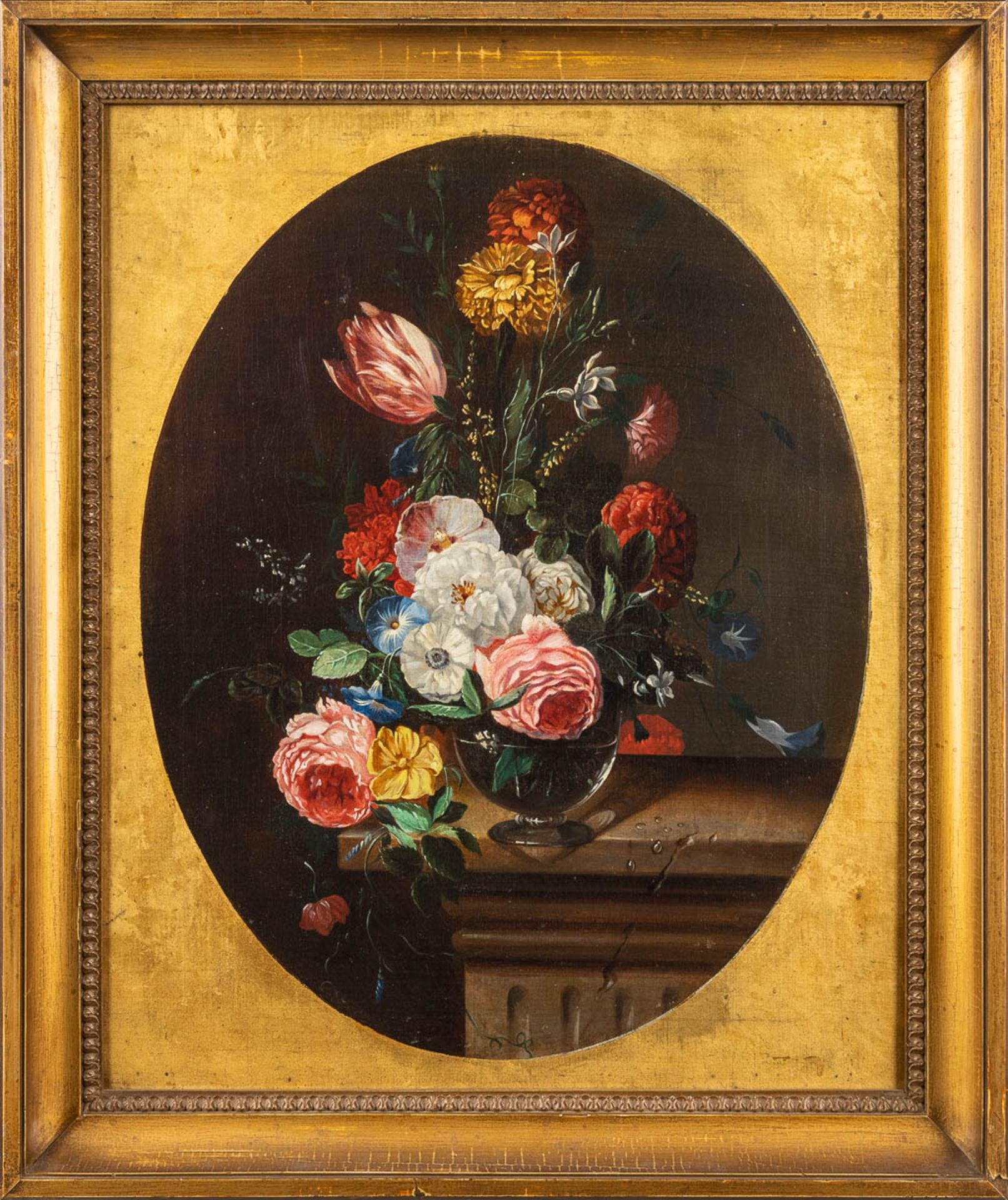 A flower still life painting, oil on canvas. 19th C. (W:44,5 x H:56 cm) - Image 3 of 7