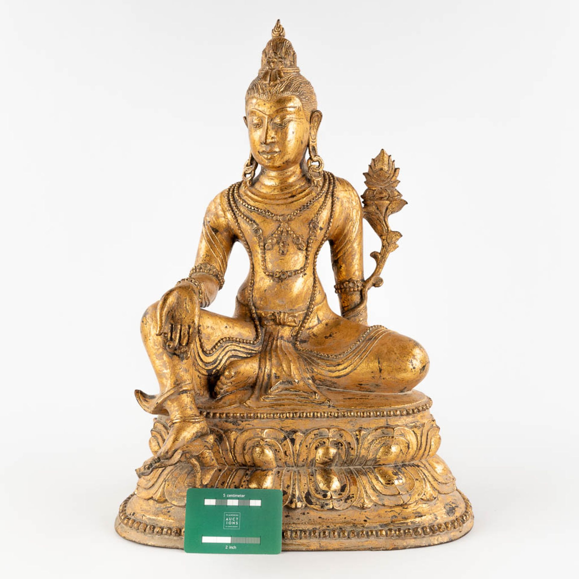 A sculpture of 'Green Tara', gilt bronze, 19th/20th C. (W:34 x H:49 cm) - Image 2 of 13