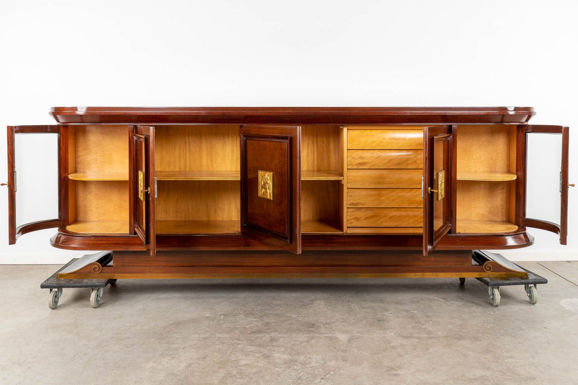 Decoene, an exceptional sideboard with gilt bronze plaques. Circa 1950. (D:50 x W:300 x H:100 cm) - Image 5 of 19