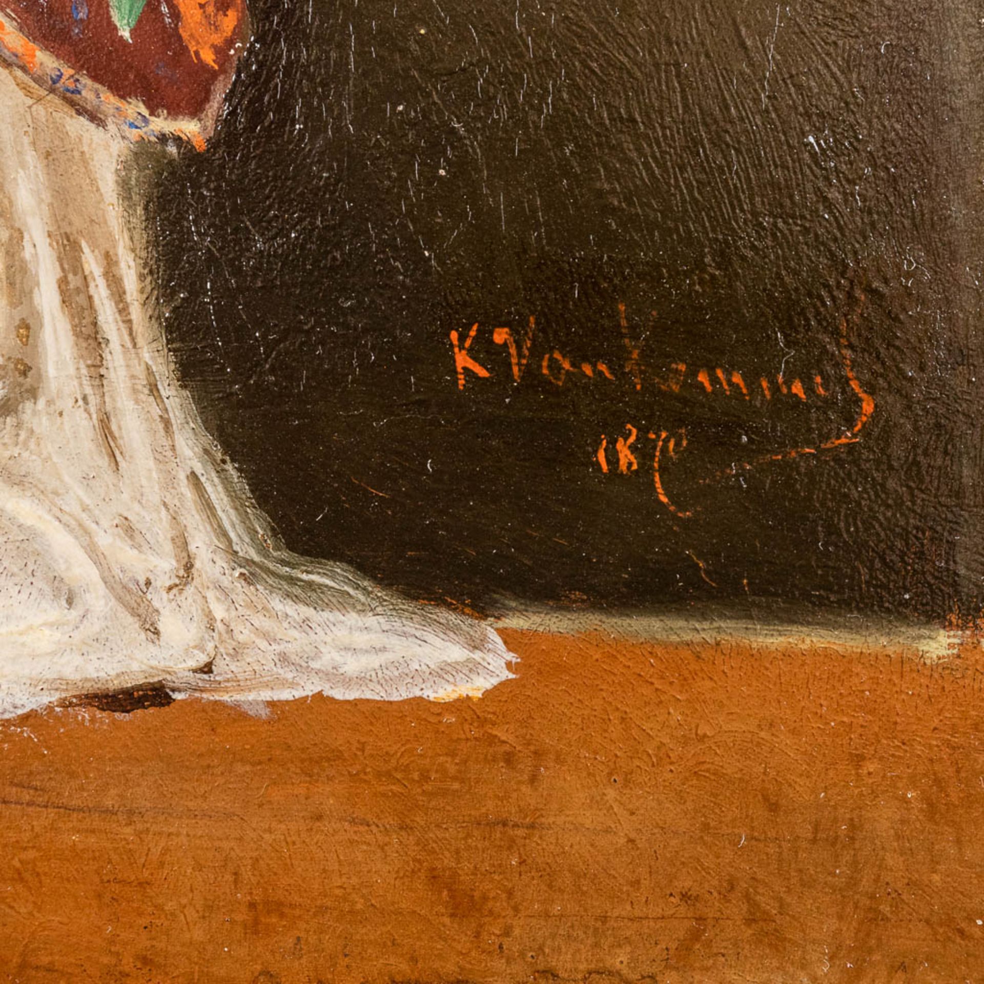 Karel VAN KEMMEL (1834-1885) 'Lady with a flute' oil on panel. 1870 (W:39 x H:59 cm) - Image 7 of 9