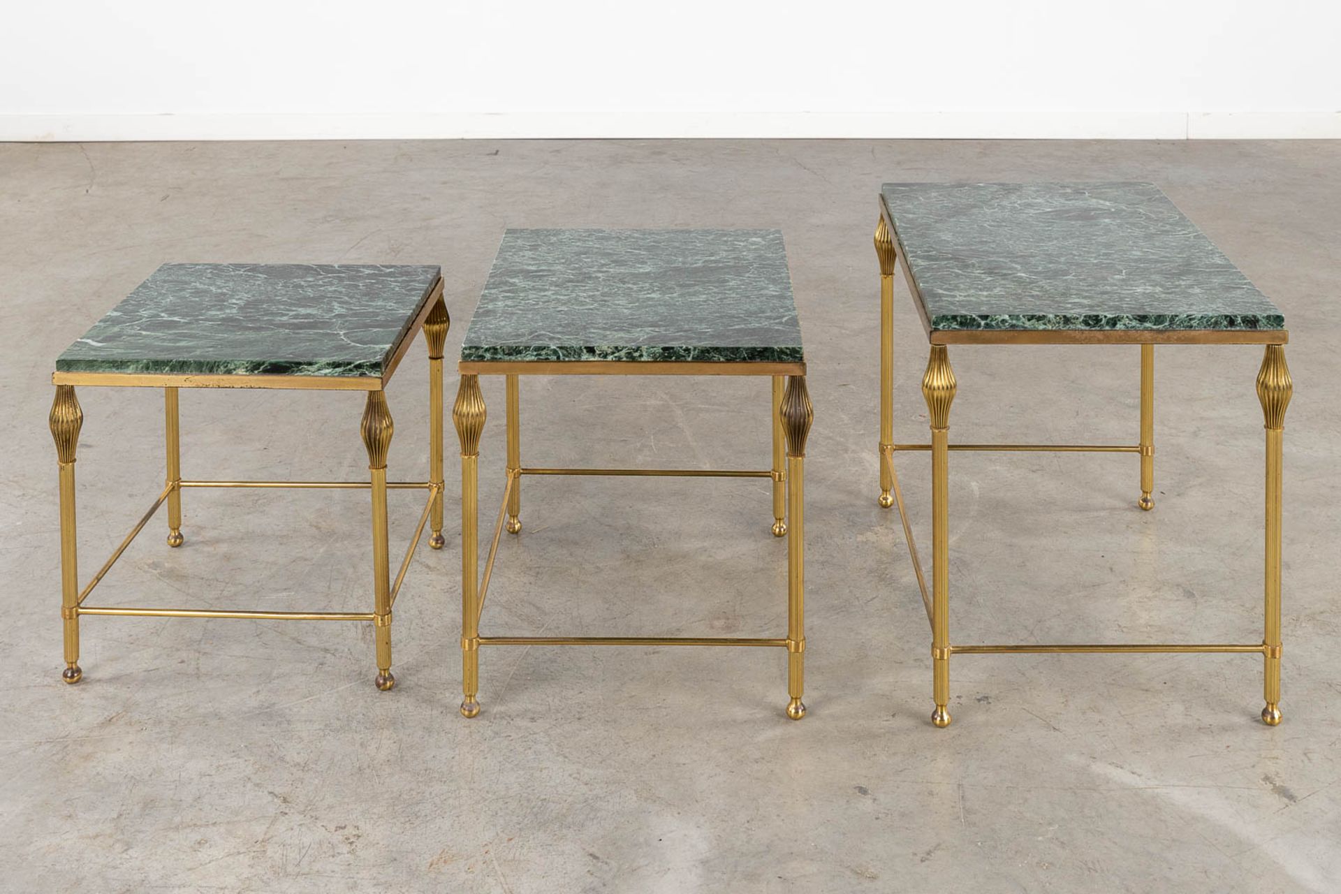 A three-piece set of nesting tables, gilt metal and a green marble. (D:37 x W:56 x H:45 cm) - Image 6 of 10