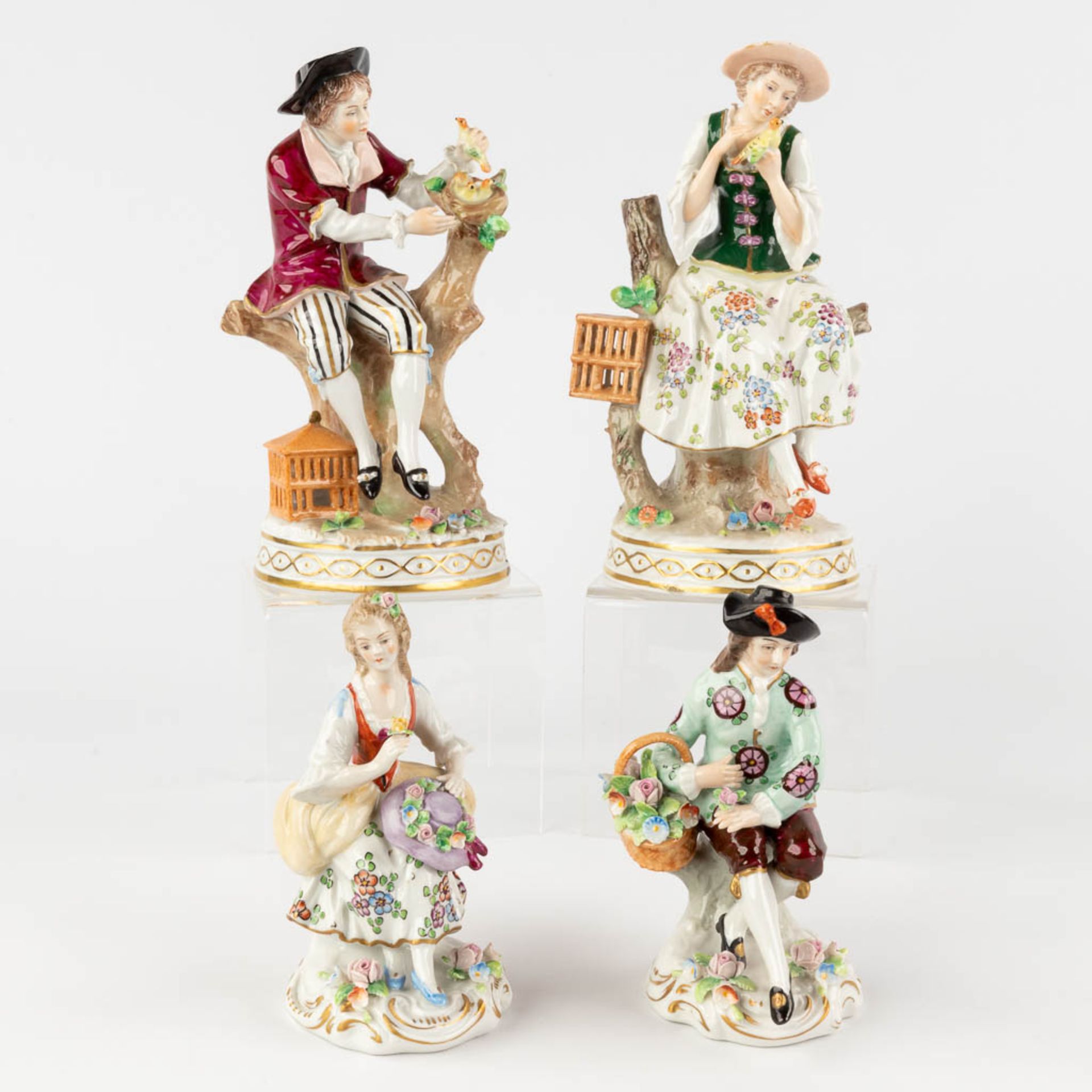 Sitzendorf, 4 figurines, poychrome porcelain. 19th and 20th C. (H:10 x D:9 cm)