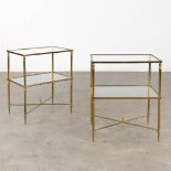 A pair of two-tier side tables, brass and glass in the style of Maison Jansen. (D:35 x W:50 x H:60 c