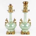 A pair of oil lamps, earthenware with a luster glaze and mounted with bronze. 20th C. (D:16 x W:17 x