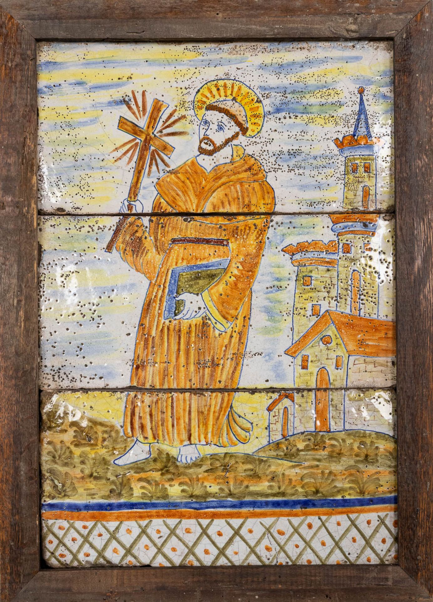 A glazed terracotta plaque of Saint Francis of Assisi with a crucifix. 18th/19th C. (W:40 x H:56 cm) - Image 3 of 7