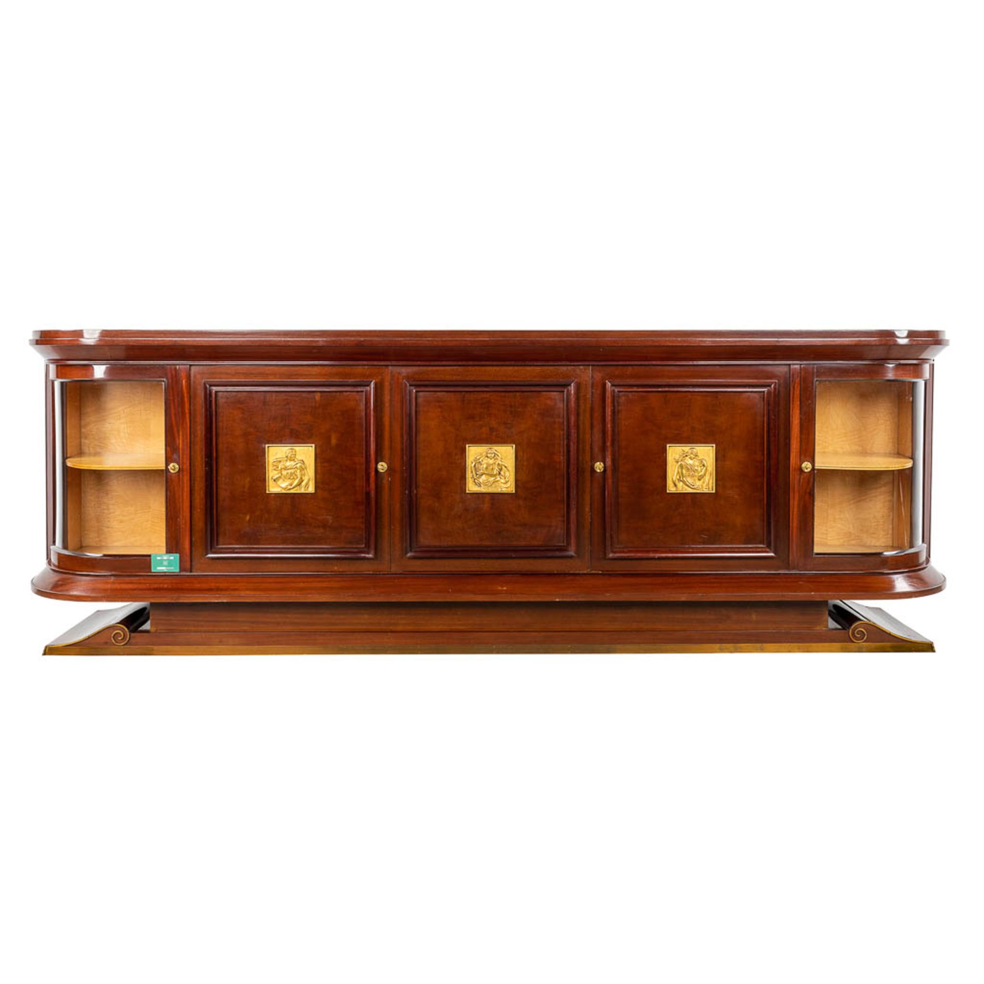 Decoene, an exceptional sideboard with gilt bronze plaques. Circa 1950. (D:50 x W:300 x H:100 cm) - Image 3 of 19