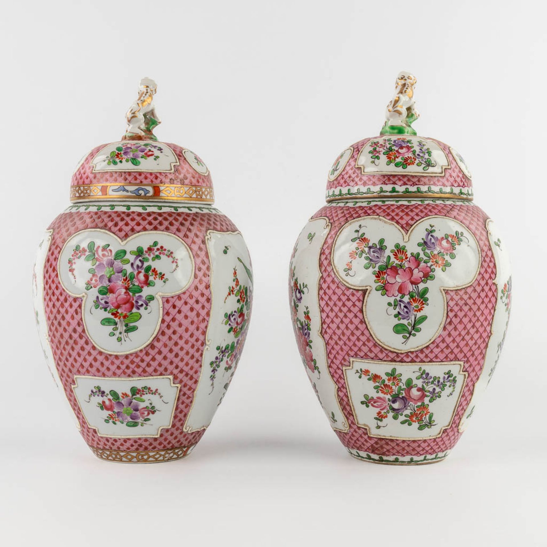 Samson, a pair of Oriental inspired vases with a hand-painted flower decor. (H:27 x D:15 cm) - Image 12 of 16