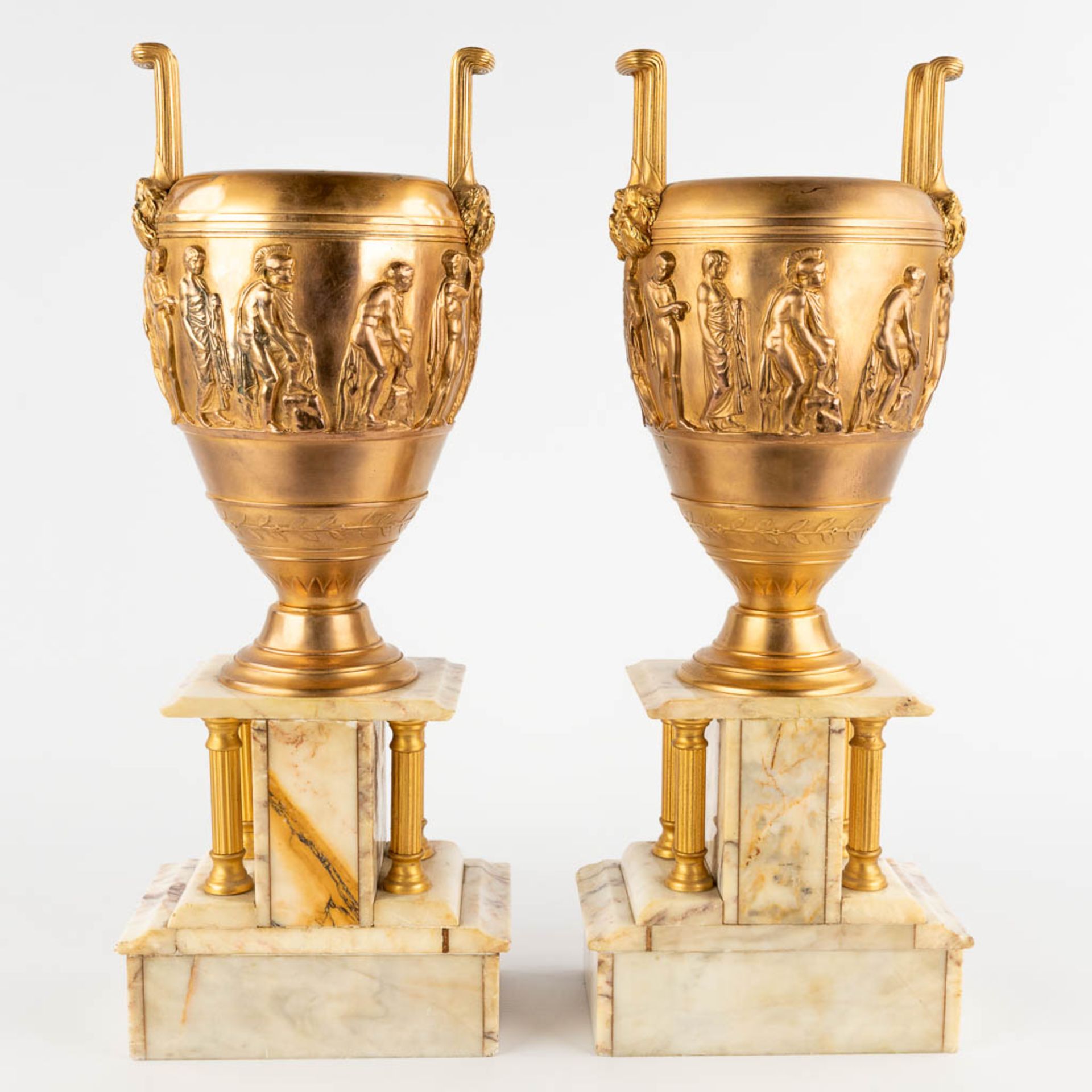 Ferdinand BARBEDIENNE (1810-1892) 'Neoclassical Cassolettes' gilt bronze on marble. (D:12 x W:18 x H - Image 5 of 18