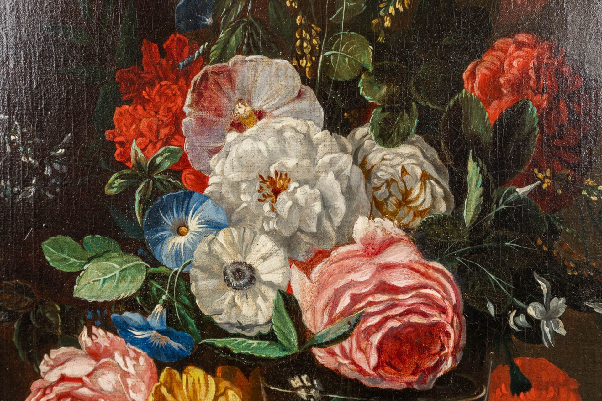 A flower still life painting, oil on canvas. 19th C. (W:44,5 x H:56 cm) - Image 5 of 7