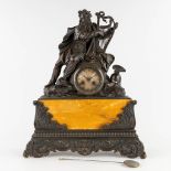 An antique mantle clock 'Bragi with a harp' patinated bronze on marble. 19th C. (D:14 x W:44 x H:54