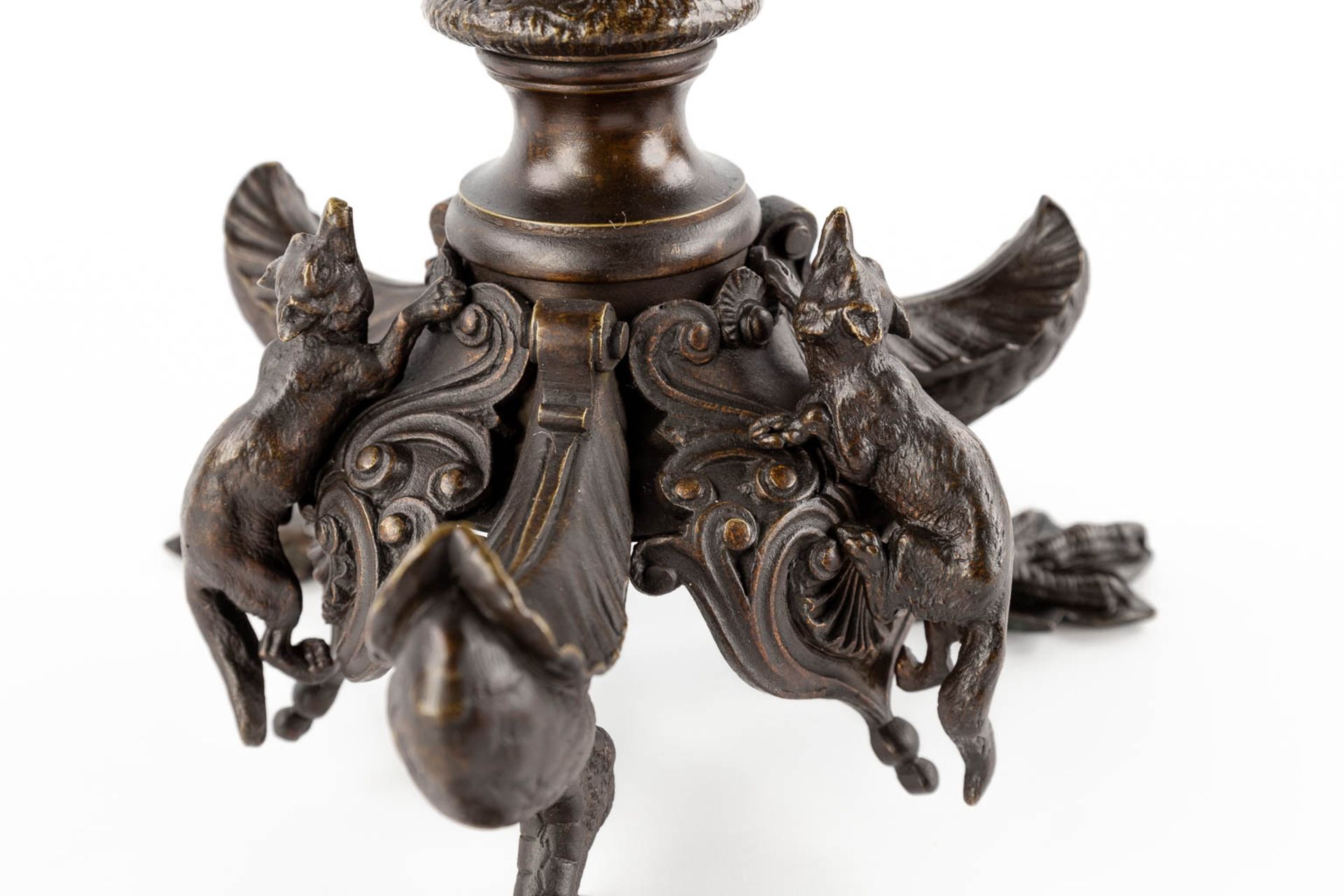 Jules MOIGNIEZ (1835-1894) 'Candelabra with birds and foxes' patinated bronze. (H:72 x D:24 cm) - Image 11 of 14