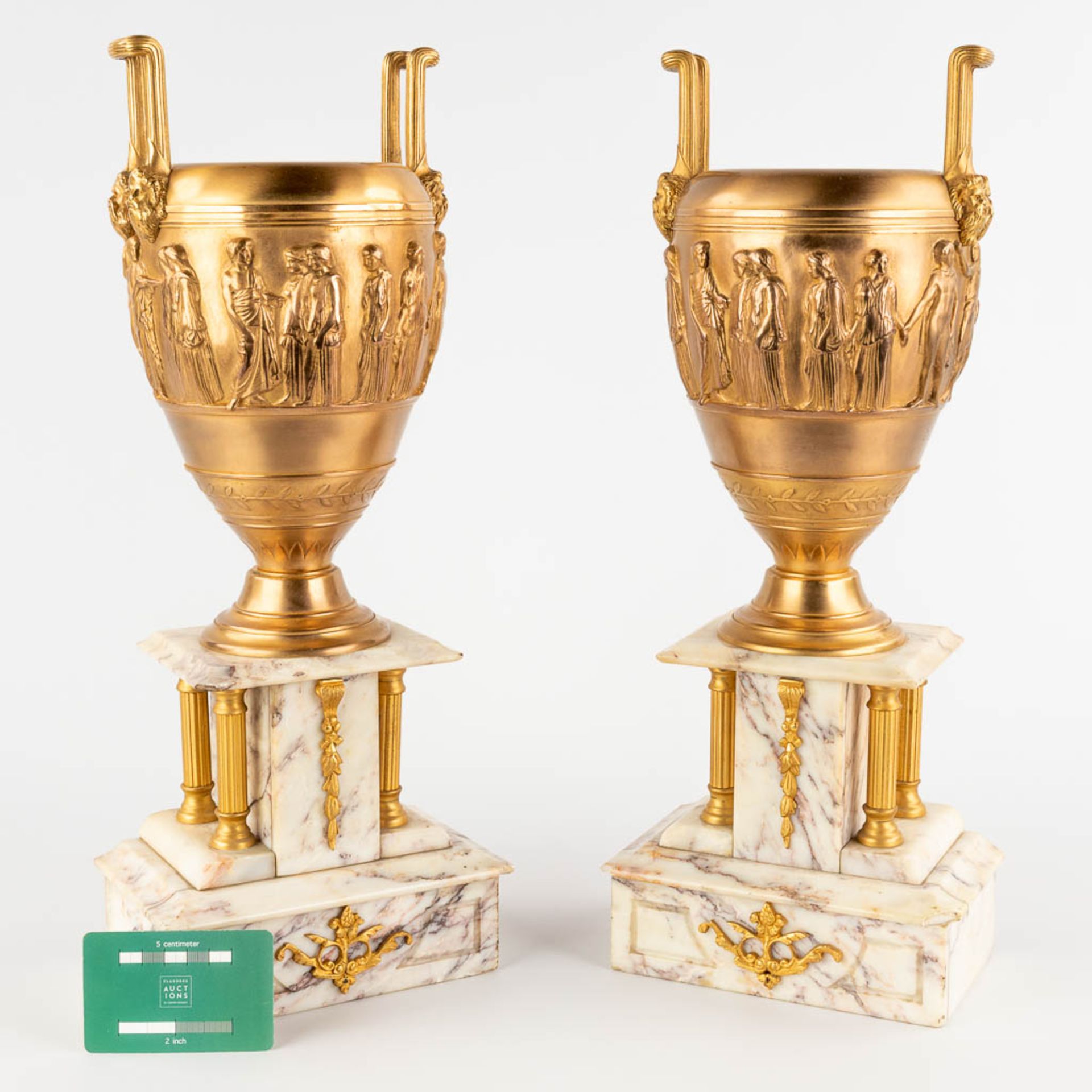 Ferdinand BARBEDIENNE (1810-1892) 'Neoclassical Cassolettes' gilt bronze on marble. (D:12 x W:18 x H - Image 2 of 18