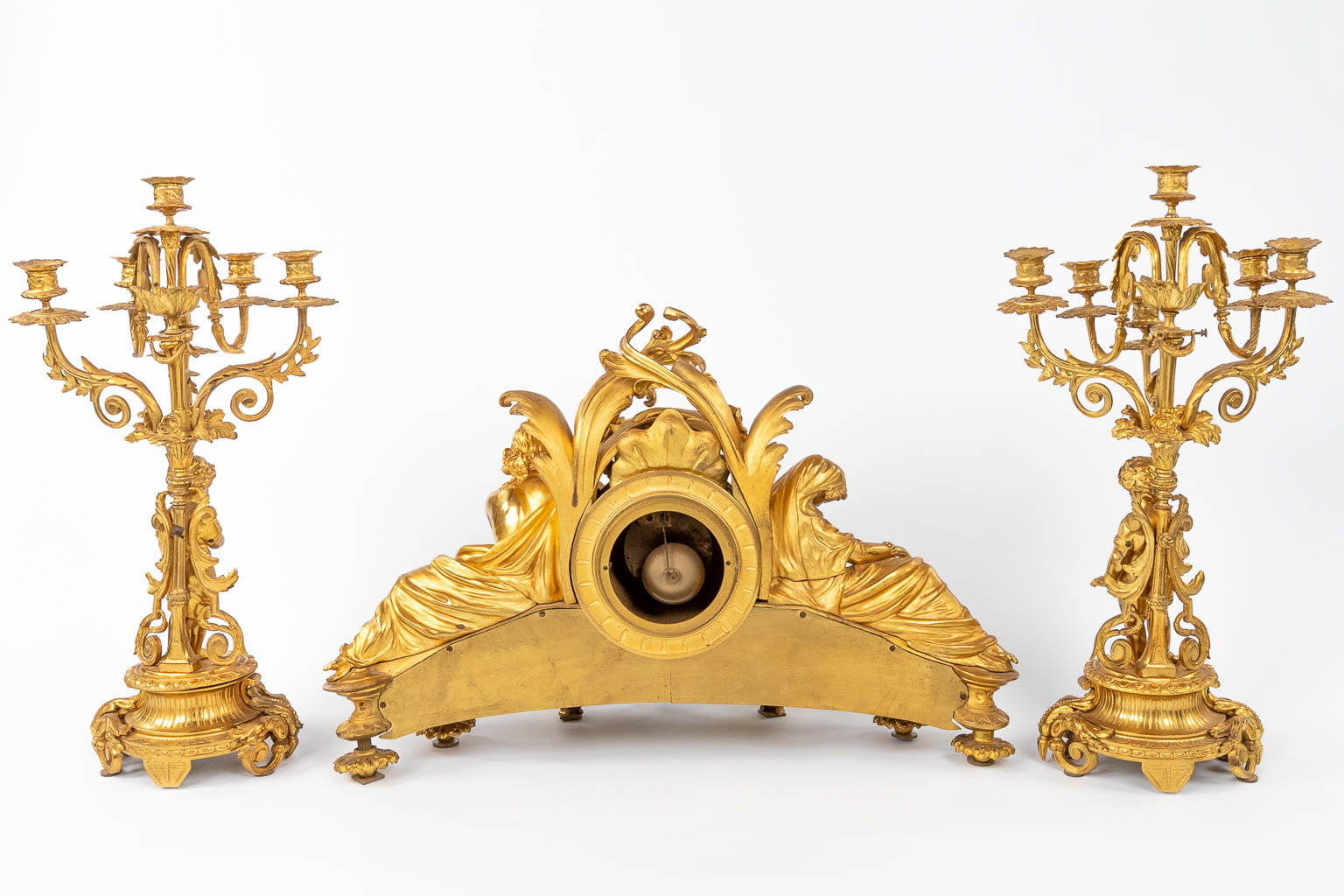 A fine three-piece mantle garniture, gilt bronze, reclined lady, man and candelabra with putti, 19th - Image 16 of 18