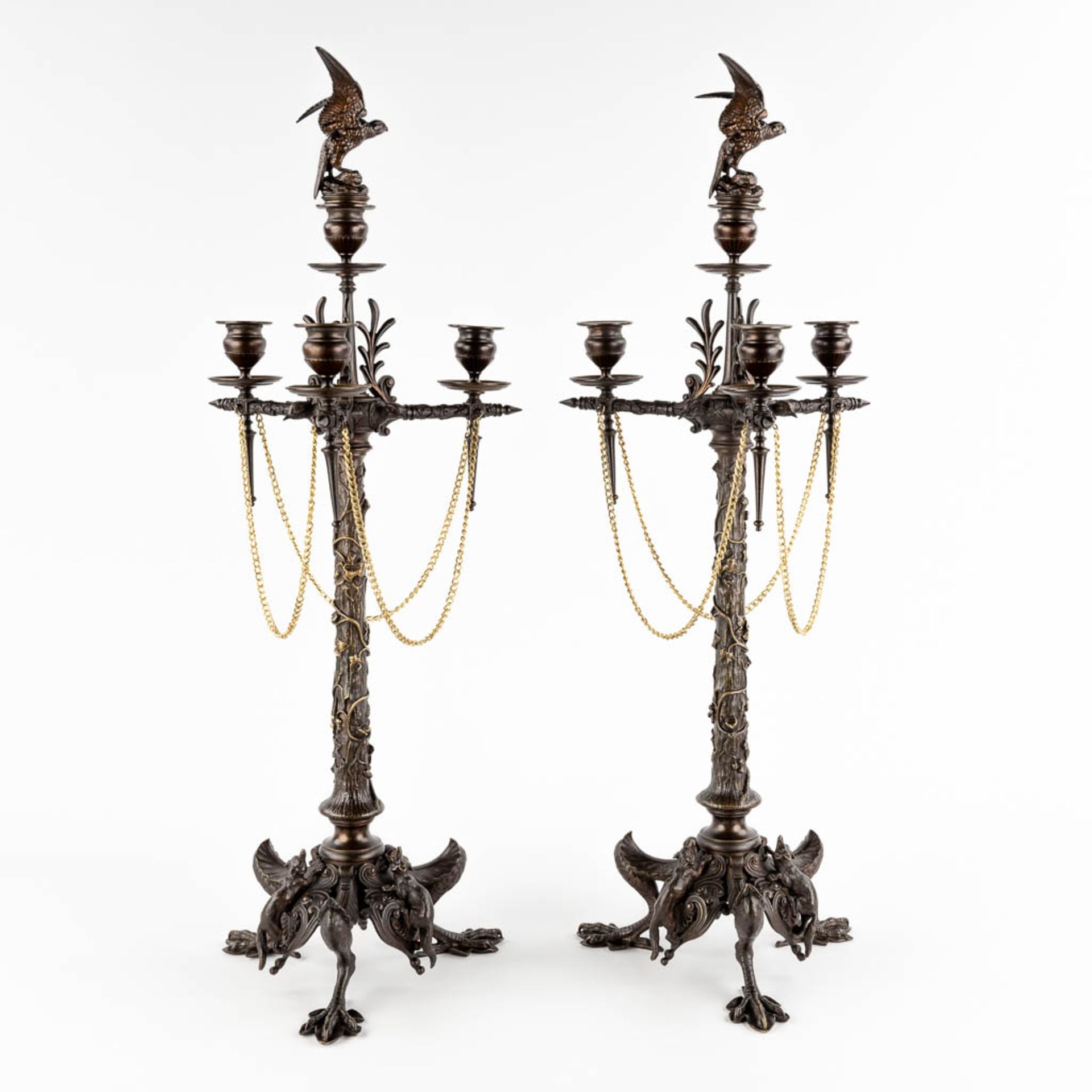 Jules MOIGNIEZ (1835-1894) 'Candelabra with birds and foxes' patinated bronze. (H:72 x D:24 cm) - Image 5 of 14