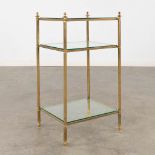 A two-tier side table, brass and glass in the style of Maison Jansen. (D:32 x W:40 x H:70 cm)