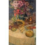 Alfons DE CUYPER (1887-1950) 'Flowers and fruit still life' oil on canvas. (W:63,5 x H:103 cm)