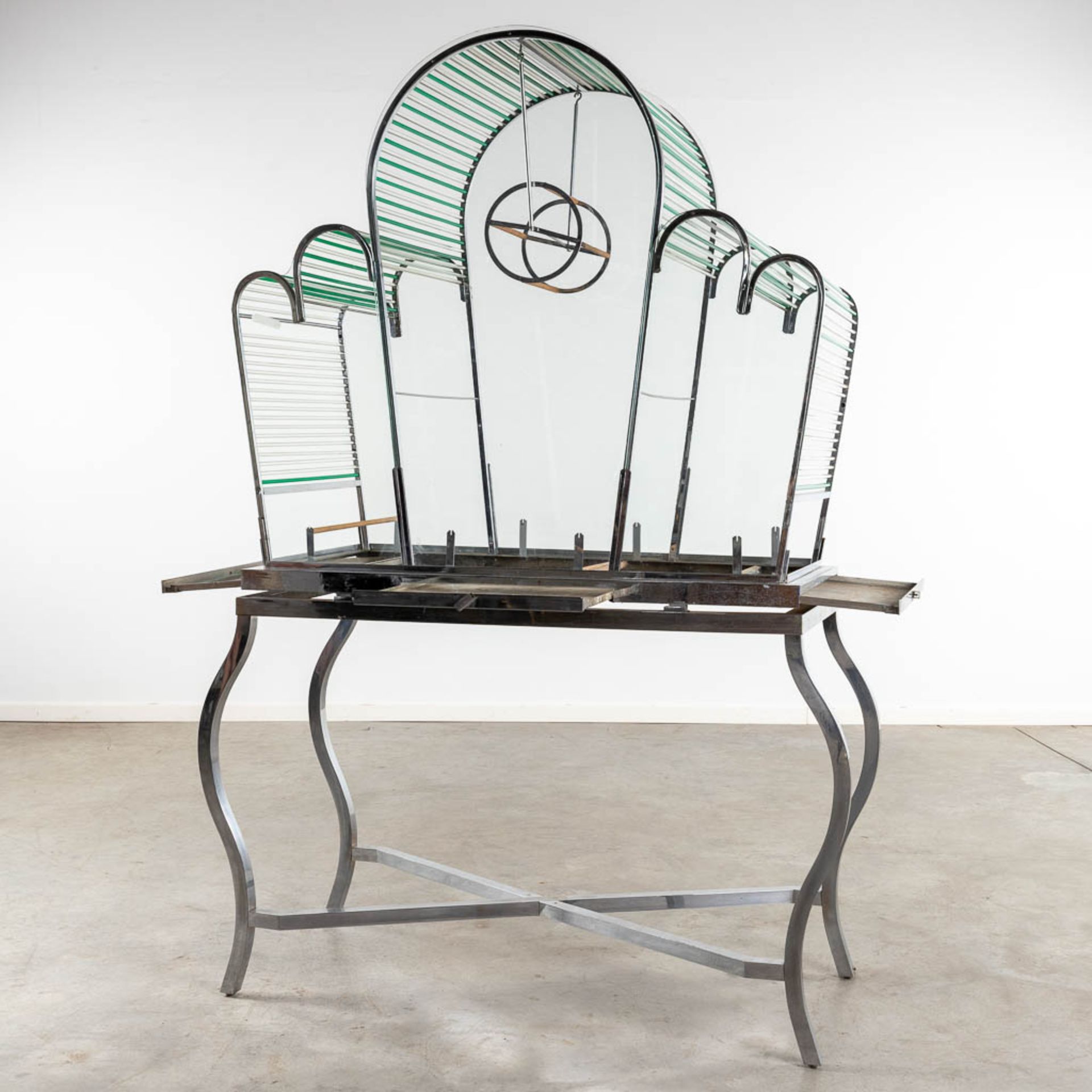A large birdcage, chrome and glass, circa 1950. (D:53 x W:128 x H:186 cm) - Image 4 of 12