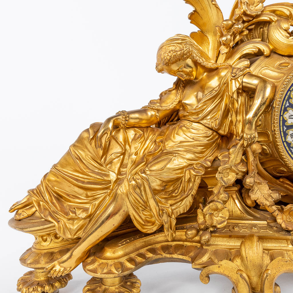 A fine three-piece mantle garniture, gilt bronze, reclined lady, man and candelabra with putti, 19th - Image 11 of 18