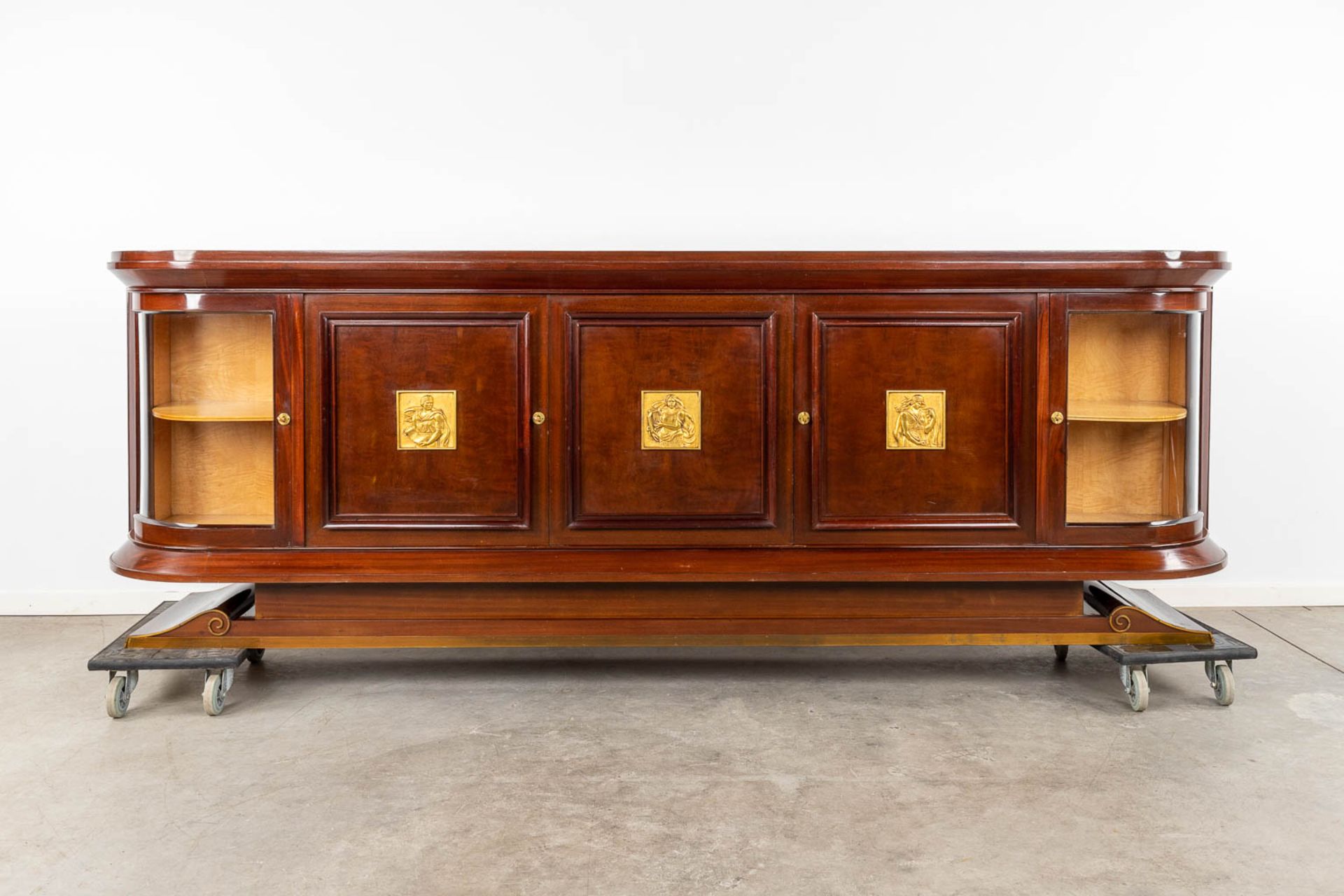 Decoene, an exceptional sideboard with gilt bronze plaques. Circa 1950. (D:50 x W:300 x H:100 cm) - Image 4 of 19