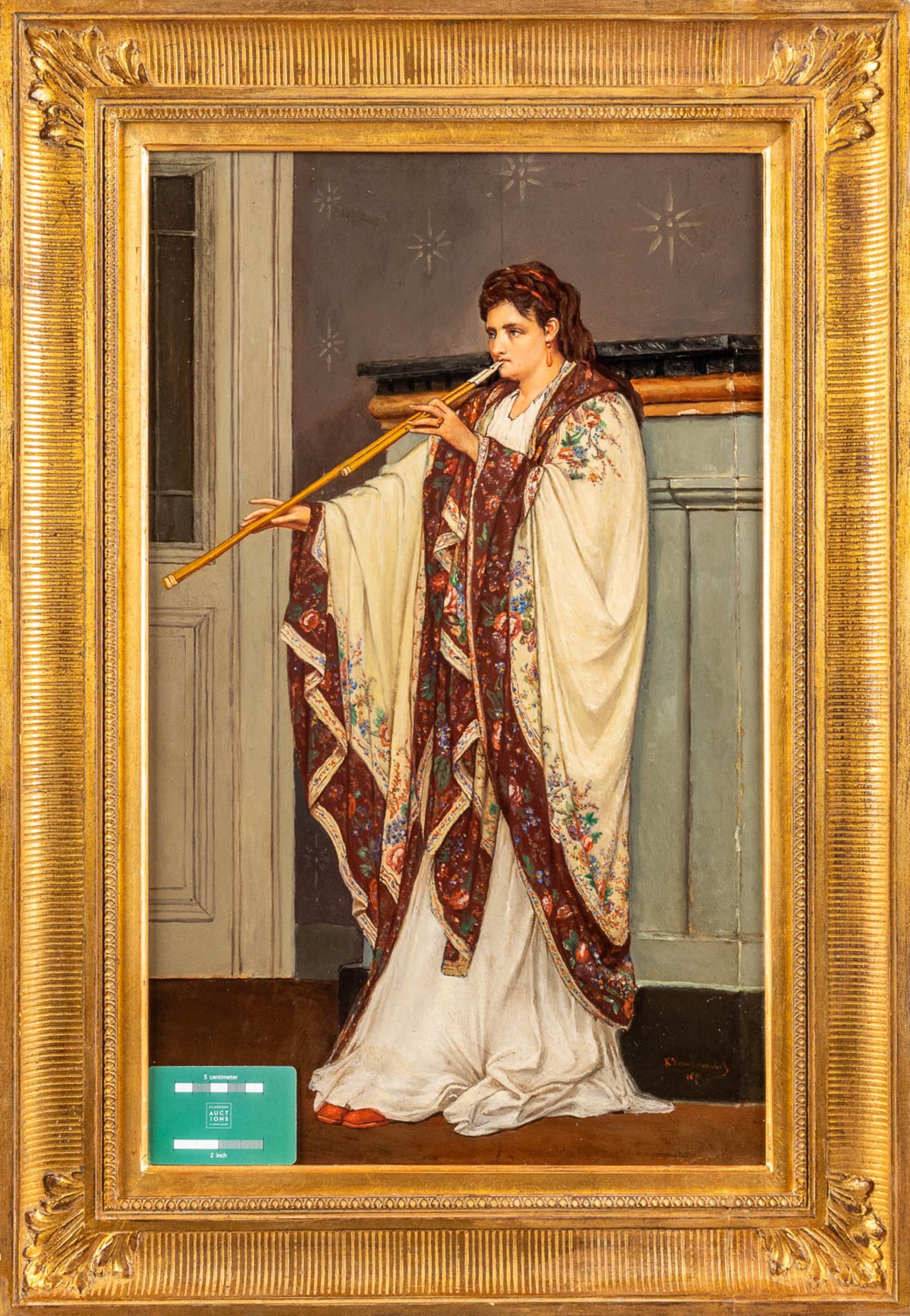 Karel VAN KEMMEL (1834-1885) 'Lady with a flute' oil on panel. 1870 (W:39 x H:59 cm) - Image 2 of 9